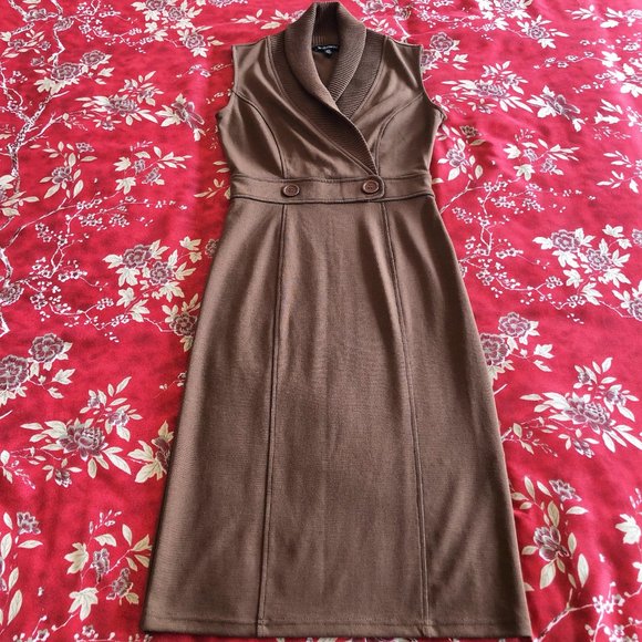 Rich Brown Shawl-Collar Blazer-Like Sleeveless Sweater Dress - Size XXS - Picture 5 of 16